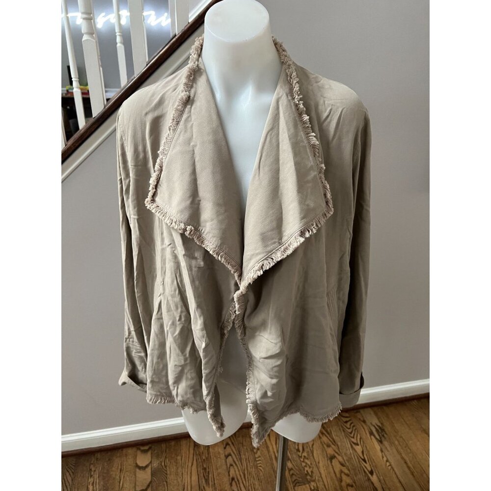 Go by Go Silk Fringe Trim Open Front Draped Jacket Top Tan Size Large